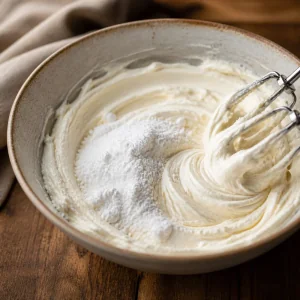 Powdered sweetener blended into creamy cheesecake filling