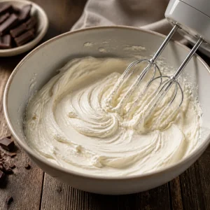 Smooth cream cheese whipped in a large mixing bowl