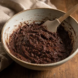 Thick chocolate brownie batter with chips in a mixing bowl