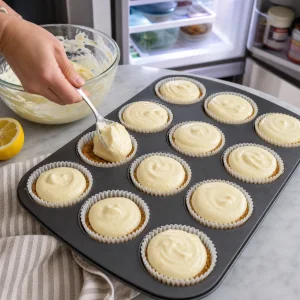식힌 아몬드 크러스트 위에 레몬 리코타 필링을 담는 모습.