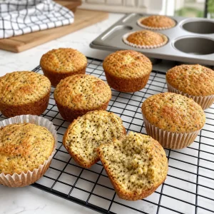 Muffins à la farine d’amande et au chia refroidissant sur une grille avec une mie tendre visible