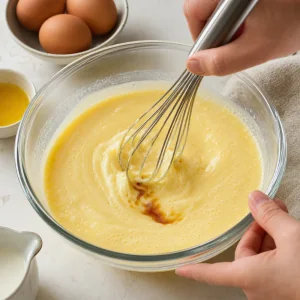 Oeufs, fromage frais, beurre, crème et vanille fouettés en un mélange lisse pour muffins