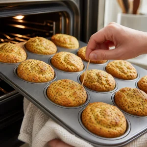 Muffins keto dorés à la farine d’amande vérifiés avec un cure-dent après cuisson