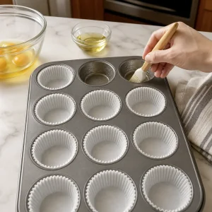 Moule à muffins garni de caissettes en papier et légèrement graissé pour la cuisson