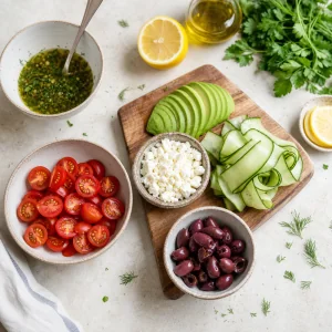 Avocado, cucumber ribbons, tomatoes, feta and olives prepped