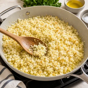 Cauliflower rice cooking in a skillet with olive oil