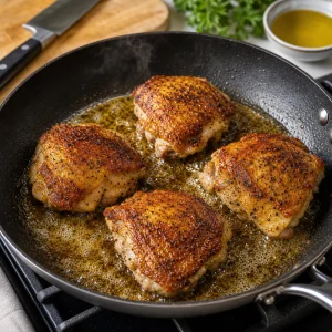 Crisp chicken thighs sizzling in butter and olive oil