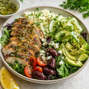 Finished keto Mediterranean bowl with lemon herb dressing