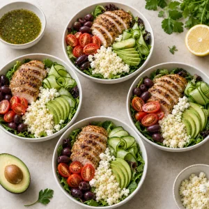 Four Mediterranean chicken bowls assembled before dressing