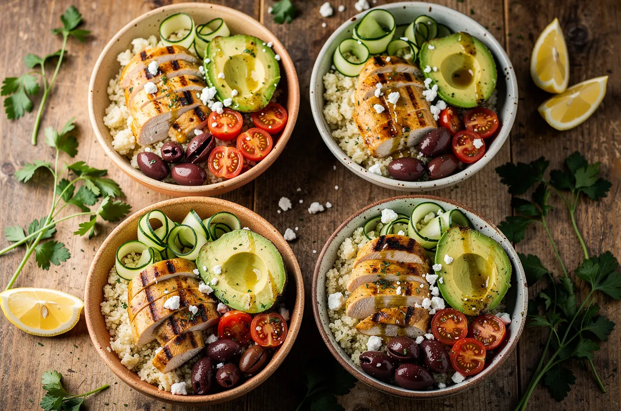 Keto Mediterranean Power Bowls with Lemon Herb Dressing