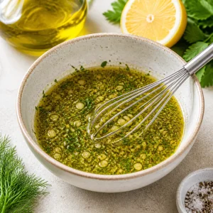 Lemon herb dressing whisked in a ceramic bowl