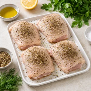 Seasoned raw chicken thighs on a white tray