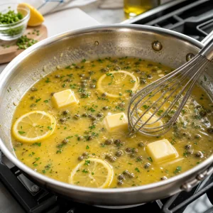 Butter and parsley whisked into glossy lemon caper sauce