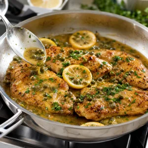 Golden chicken cutlets coated with lemon caper butter sauce