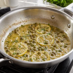Lemon caper sauce simmering and reducing in the skillet