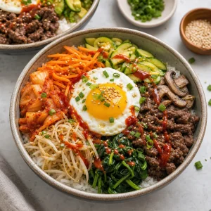 Ciotola di bibimbap coreano di manzo assemblata con verdure, kimchi, uovo e sesamo.