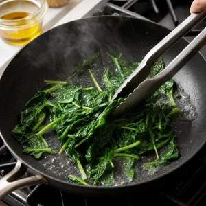 Spinacini appassiti velocemente in padella con olio di sesamo per bibimbap.