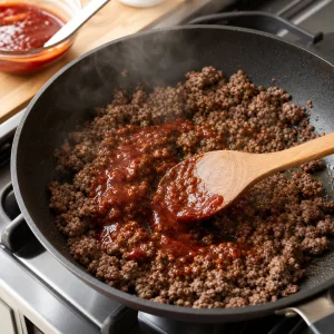 Manzo macinato glassato al gochujang rosolato in padella per bibimbap.