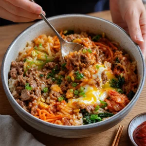 Bibimbap coreano di manzo finito mescolato a tavola con salsa gochujang.