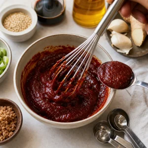 Salsa gochujang mescolata con salsa di soia, olio di sesamo e zucchero di canna.