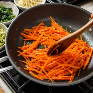 Carote a julienne saltate in padella per bibimbap coreano di manzo.