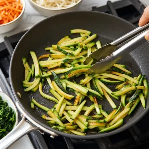 Zucchine a julienne saltate fino a leggera doratura per bibimbap.