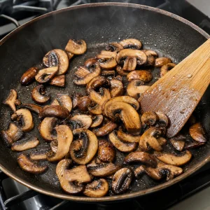 Funghi cremini affettati rosolati in una padella calda per bibimbap.