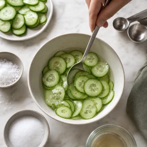 Cucumber slices soaking in a small bowl of quick pickling brine