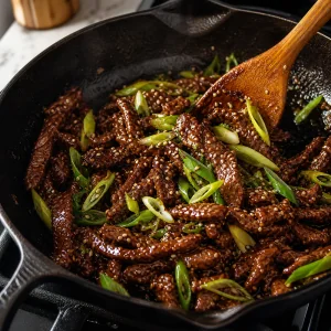 Glazed beef in a skillet topped with scallions and sesame seeds