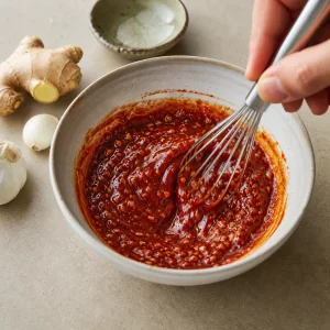 Glossy gochujang soy glaze whisked with garlic and ginger in a bowl