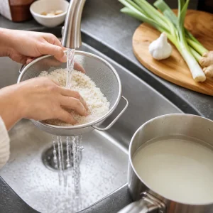 Jasmine rice being rinsed in a mesh strainer under running water