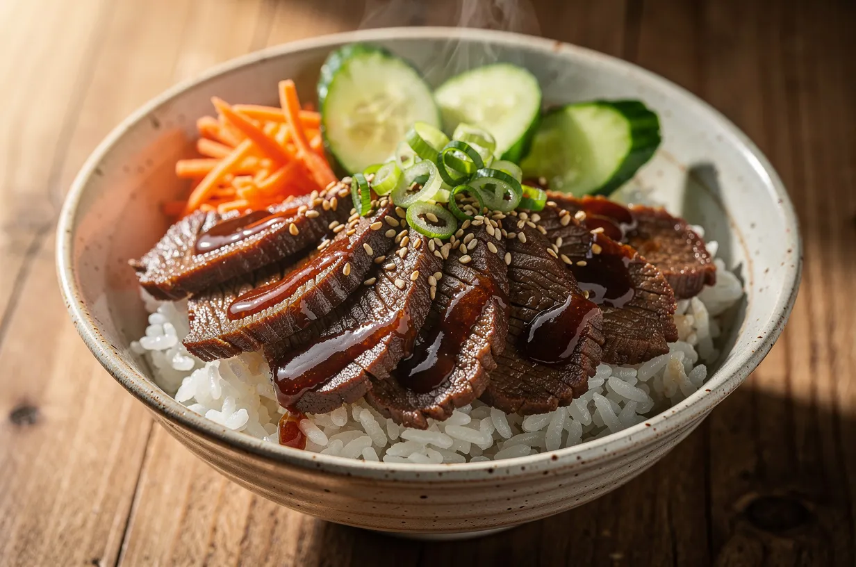 Korean Beef Bowl with Gochujang Soy Glaze and Rice