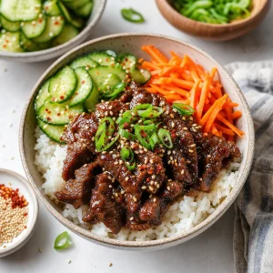 Rice bowl topped with glazed beef, cucumber, carrot, scallions, and sesame