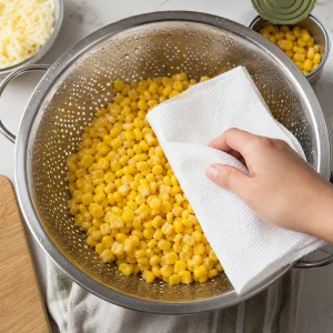 Grains de maïs égouttés et séchés dans une passoire