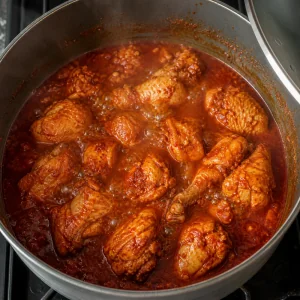 Chicken simmering in spicy red sauce before vegetables are added