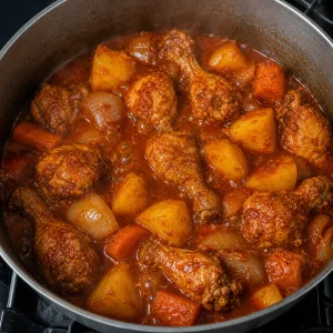 Glossy dakdoritang simmering with tender potatoes and chicken