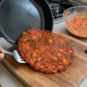 Cooked kimchi pancake transferred from skillet to cutting board