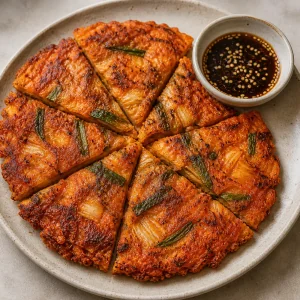 Hot kimchi pancakes cut and served with dipping sauce