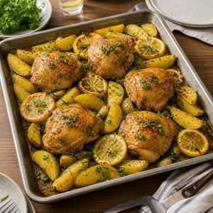 Finished sheet pan lemon garlic chicken and potatoes garnished with parsley