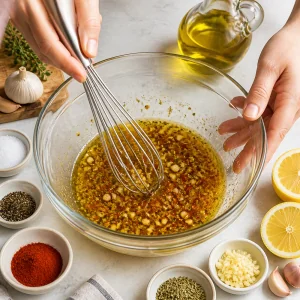 Lemon garlic marinade whisked with olive oil oregano paprika salt and pepper