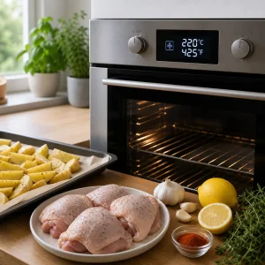 Oven preheated to 220°C with raw chicken potatoes lemon and garlic ready nearby