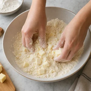 Cold butter being rubbed into flour for pastry dough