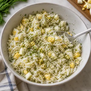 Cooked rice mixed with chopped eggs, fresh dill, salt, and pepper