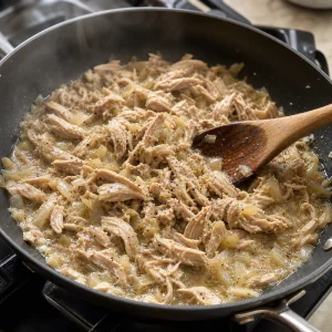 Shredded chicken and onion simmering with a little broth in a skillet
