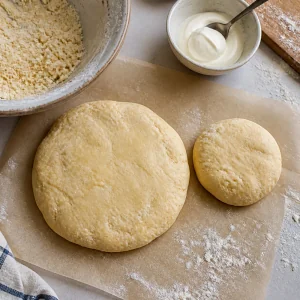 Two rough sour cream pastry disks ready to chill