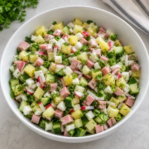 Chopped okroshka ingredients mixed in a large bowl