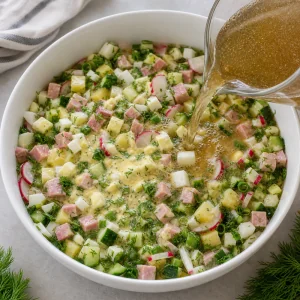 Cold kvass being poured into chopped okroshka ingredients