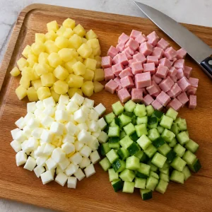 Diced potatoes, ham, egg whites, and cucumbers on a cutting board