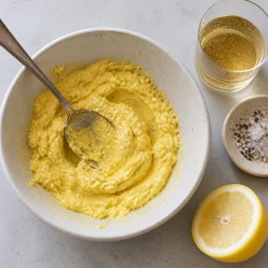 Mashed egg yolk dressing with lemon, salt, pepper, and kvass nearby