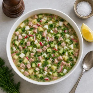 Prepared okroshka with lemon, salt, pepper, and a spoon nearby